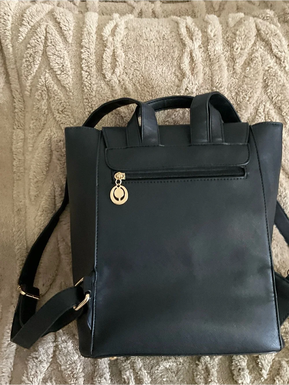 Women's Black Faux Leather Backpack with Gold Hardware